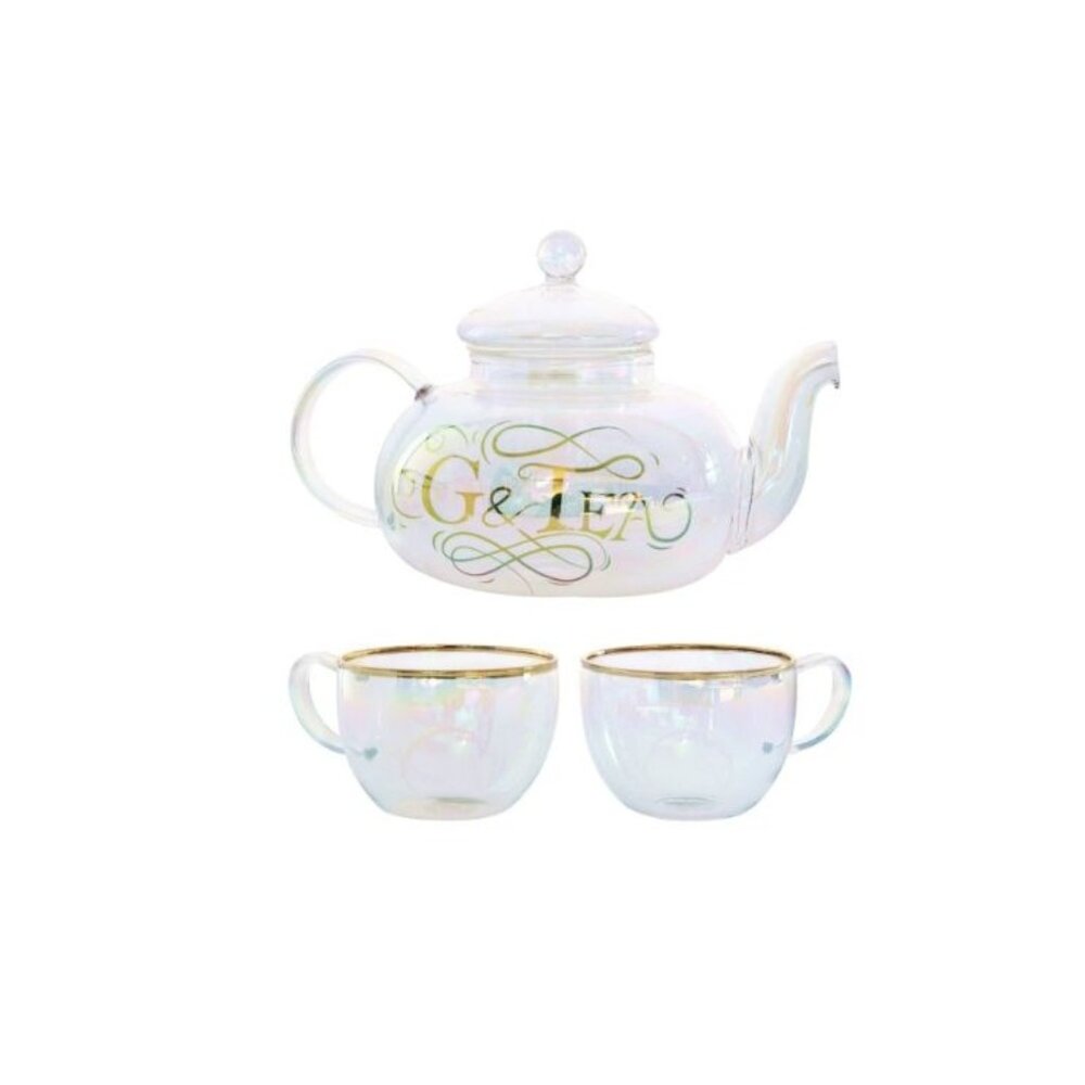 Root7 G&Tea Cocktail Set Iridescent Glass Teapot & Cups With Gold Rim